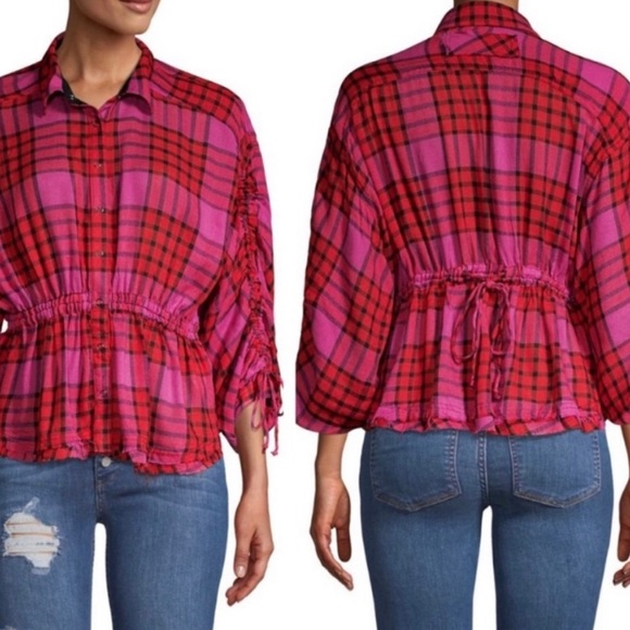 FREE PEOPLE | pacific dawn pink plaid cinched waist top small NWT - Picture 7 of 16